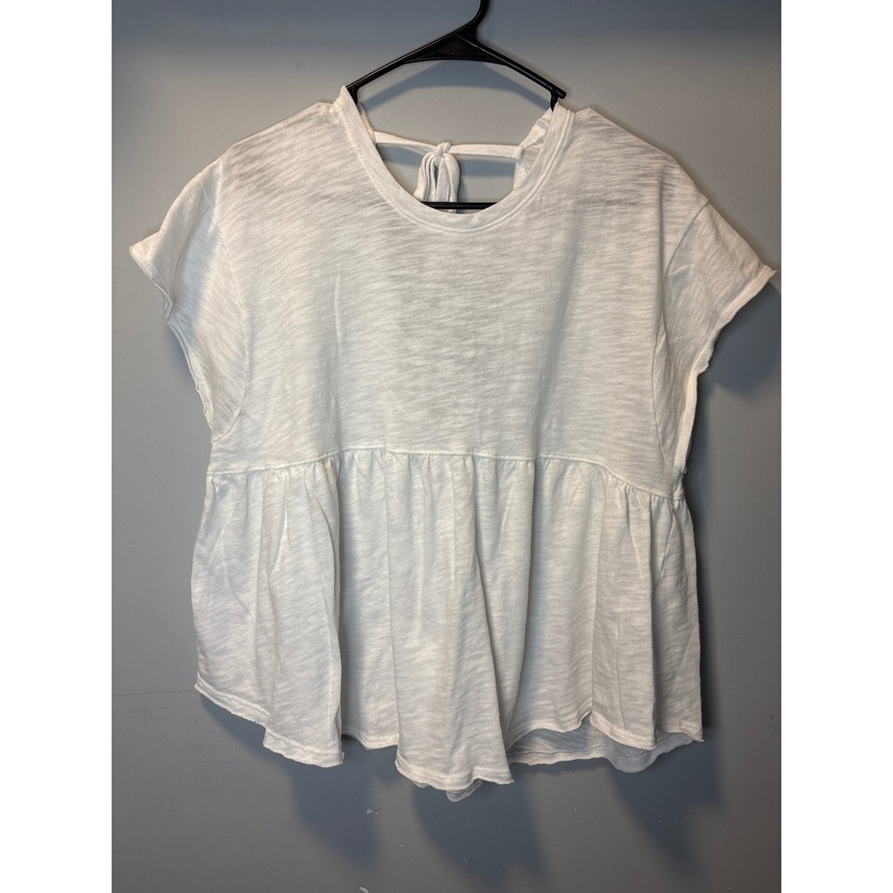 American Eagle White Slub Knit Babydoll Top Open Back Tie Neck Large